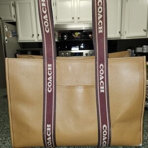 Coach Tan Leather Tote with Burgundy Straps